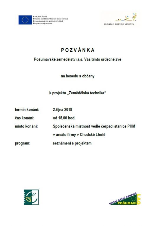 Pozvánka na zemědělskou besedu - Chodská Lhota